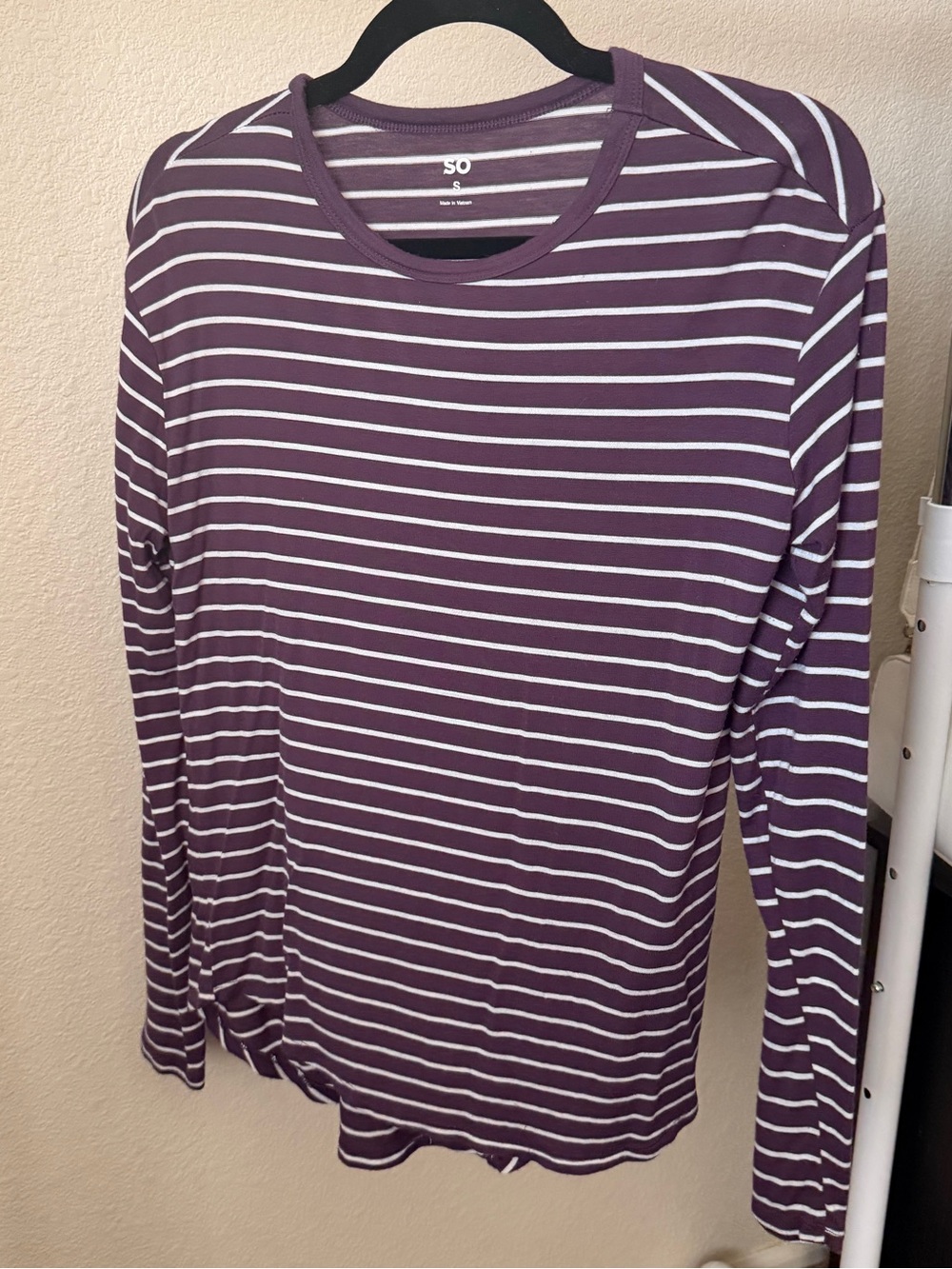 SO Plum and White Striped Long-Sleeve Crewneck Top